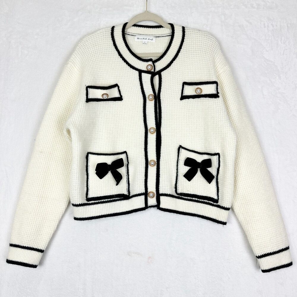 Threaded Leaf Lady Cardigan Size Large Velvet Bows Gold Pearl Old Money Preppy